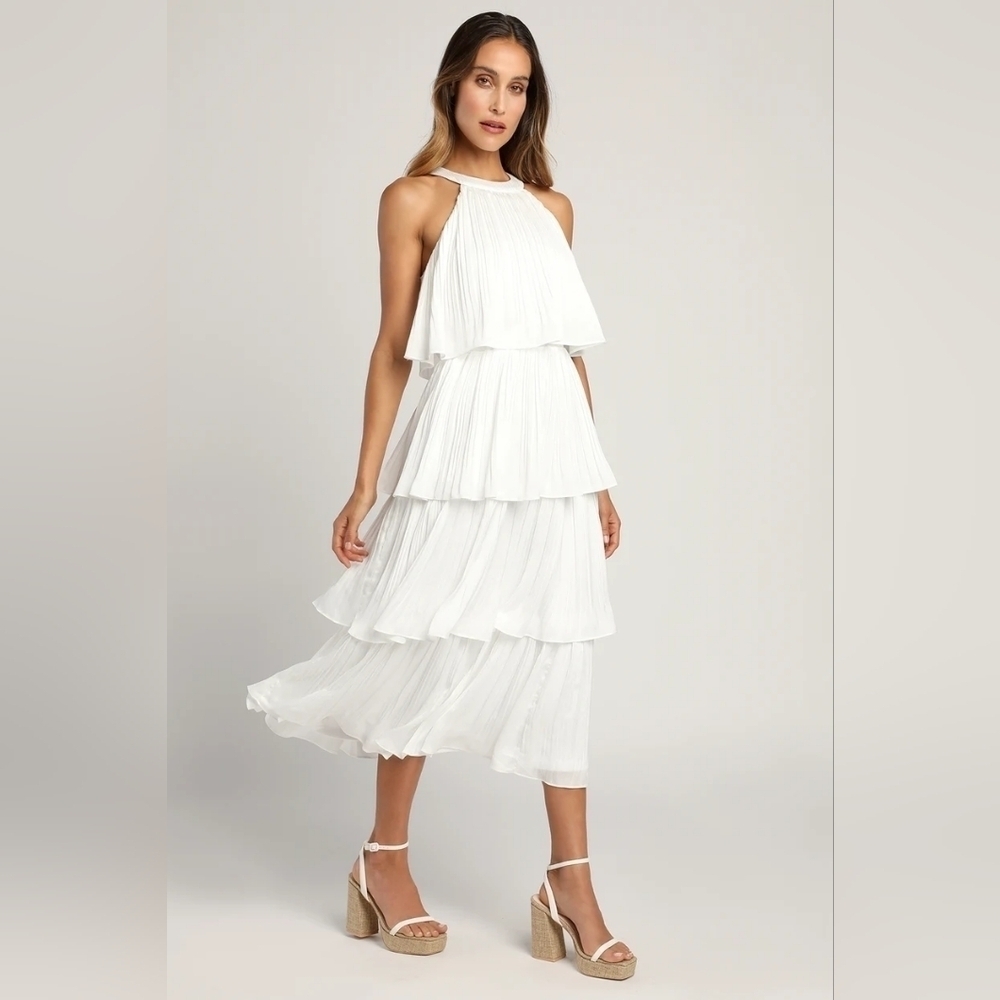 Lulus Tier and Far White Tiered Pleated Halter Midi Dress S Wedding Party Bridal - Picture 2 of 12